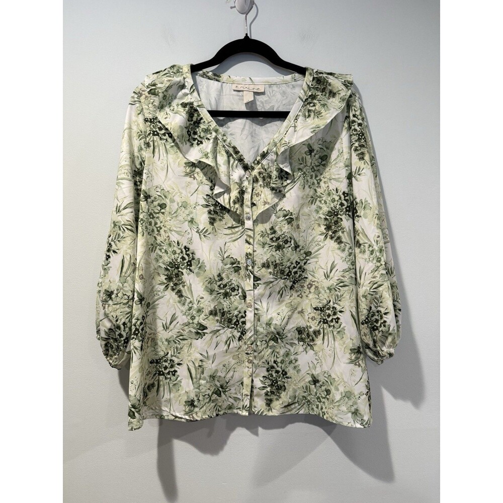 Emaline Blouse Womens Large Green Button Front Floral Ruffle Work Travel Office